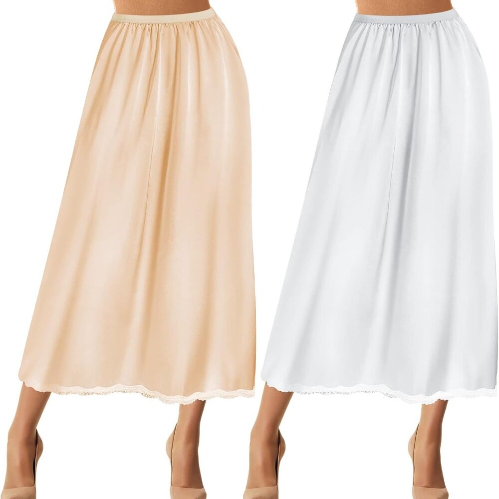 2 Pieces Half Slip Lace Long Underskirt Women's Satin Half Slip for Under Dresse